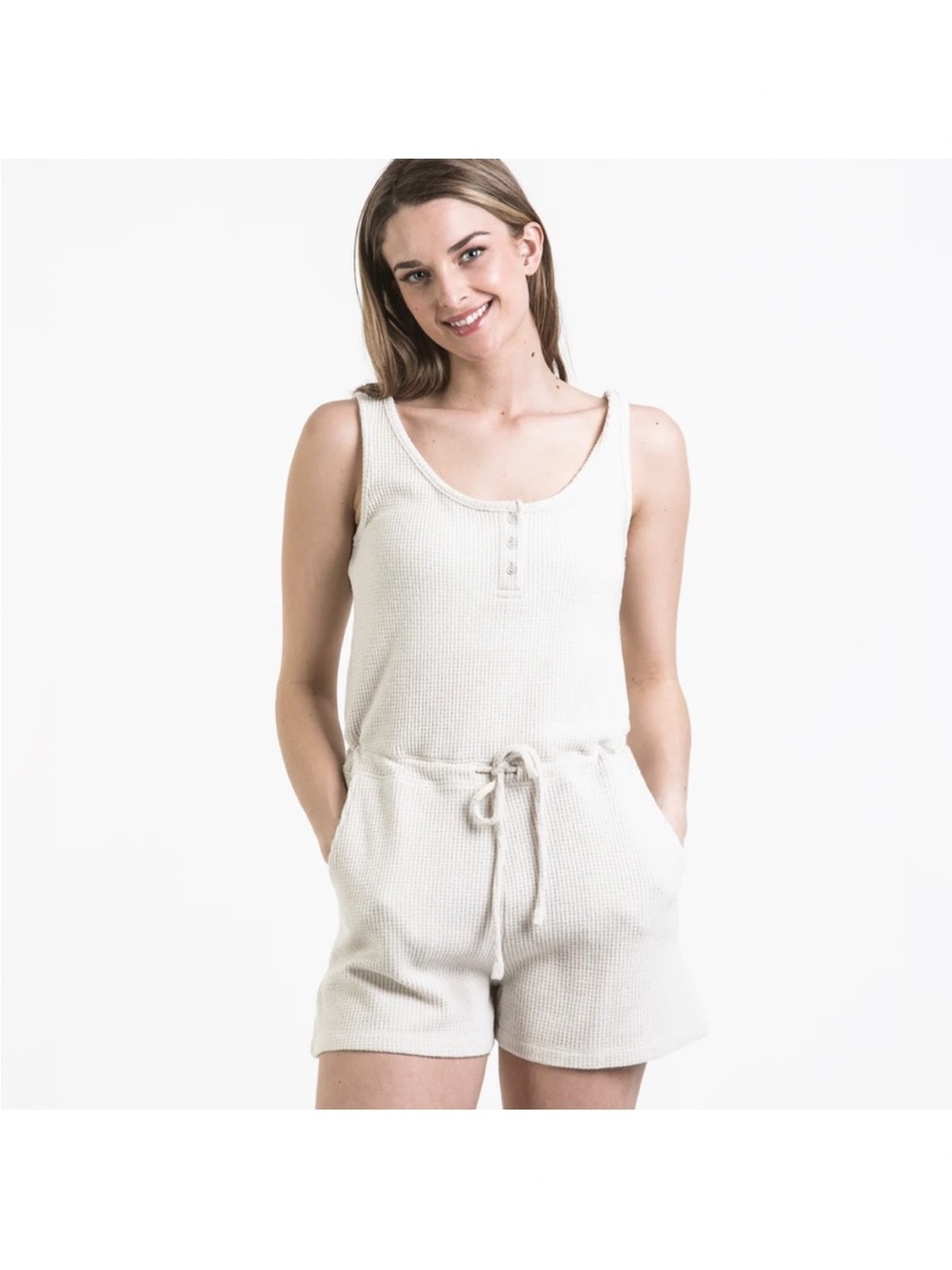 Harlow Cream Waffle Knit Tank Romper with Drawstring women’s XL